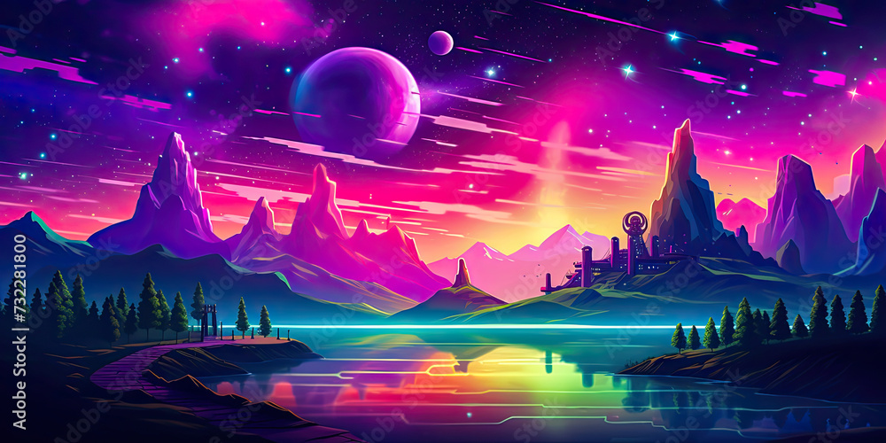 Cartoon aurora, vintage graphics mountain background, vibrant landscapes backdrop, colorful landscape illustration, generated ai