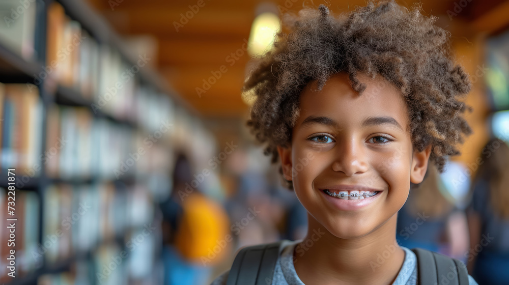 In a school environment, a close-up portrait captures the joyful smile of a cheerful young boy with curly hair and dental braces, emphasizing the concept of education In a school environment, a close-up portrait captures the joyful smile of a cheerful young boy with curly hair and dental braces, emphasizing the concept of education