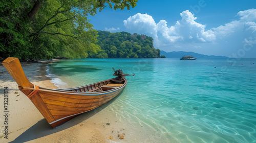 Wooden longtail boat moored on a pristine beach with clear turquoise waters and lush greenery in the background.