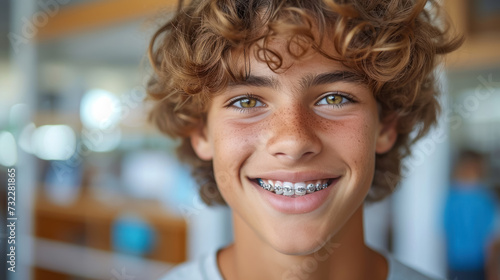 The education concept is vividly represented in a close-up portrait of a cheerful young boy with curly hair and dental braces, who is smiling joyfully in a school setting photo