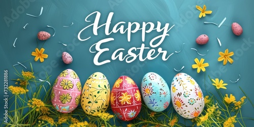 Easter colorful eggs and flowers, holiday background for your decoration. Egg hunt, copy space, "Happy Easter" lettering.