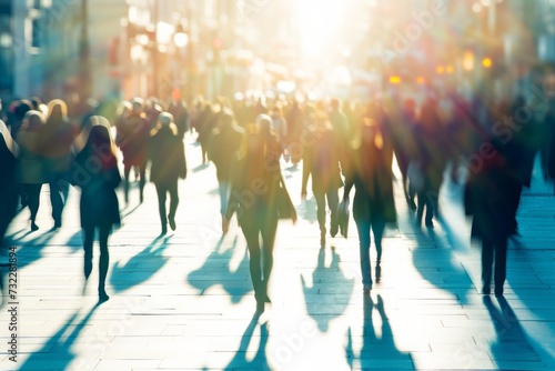 Blurred image of a crowd of unidentifiable people walking in the city. Bleached effect. Conceptualizes business, shopping, modern life, corporate, future