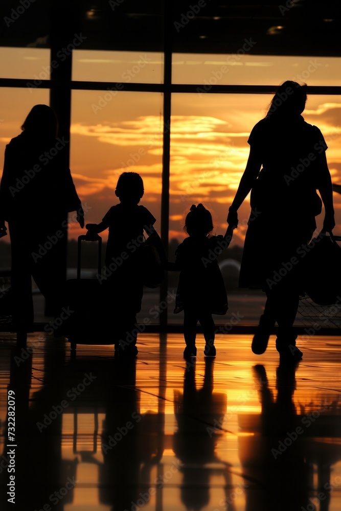 Silhouette of a family with children at an airport, indicating travel