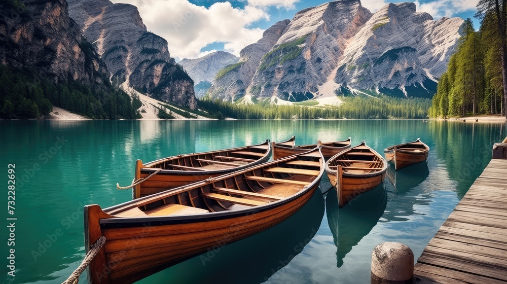 Fototapeta premium Stunning romantic place with typical wooden boats on the alpine lake,(Lago di Braies) Braies lake,Dolomites,South Tyrol,Italy,Europe Generative Ai