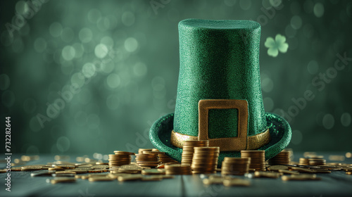 3d render of sparkling green Saint Patrick's Day hat with gold coins and bokeh background.