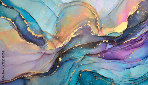 	
Currents of translucent hues, snaking metallic swirls, and foamy sprays of color shape the landscape of these free-flowing textures. Natural luxury abstract fluid art painting in alcohol ink techniq