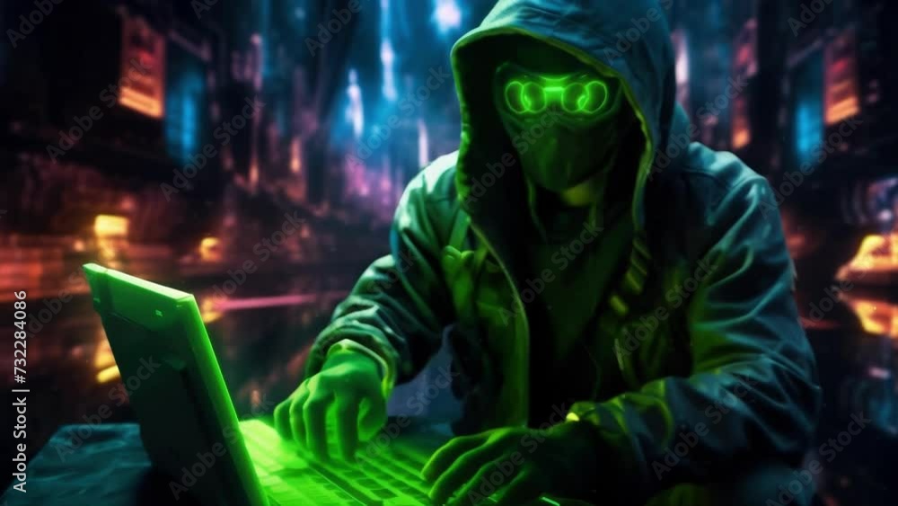 A person in a neongreen cyberpunk suit holding a futuristic computer with multicolored LED lights while graffiti of a cyberpunk art A person in a neongreen cyberpunk suit holding a futuristic computer with multicolored LED lights while graffiti of a cyberpunk art