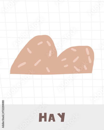 Learn farm objects flashcard. Learning English words for kids. Cute hand drawn doodle educational card with stack of hay. Preschool learning material