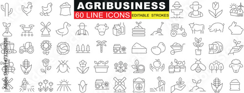 Agribusiness, 60 line icons set, sustainable farming, agriculture. Tractors, animals, plants, technology integration for efficient farming.