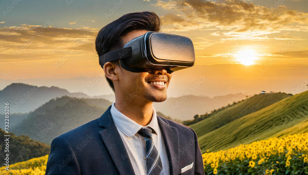 Virtual Visionary: Smiling Man in VR Glasses Virtual Visionary: Smiling Man in VR Glasses