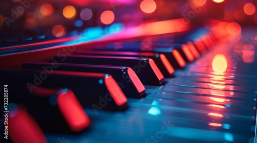 Closeup playing piano keys in neon colors