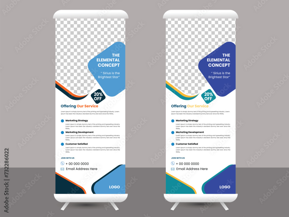 Rollup banner design with simple shapes for minimalistic company promotion
Rollup banner design with simple shapes for minimalistic company promotion