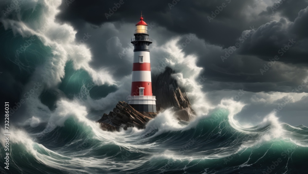 Stormy seascape crashing waves, lighthouse, dark clouds.