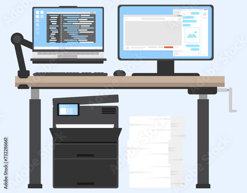 Programming operations with laptop notebook worktable, Front view of laptop and monitor desk, Coding and app development in screen monitor, Printer and scanner with a lot of paper pile. 