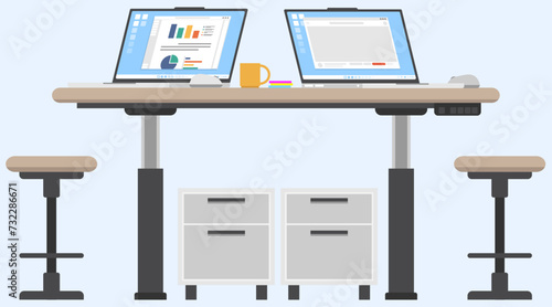 Double adjustable desk for two place stand with laptop and working, Officer locker under the desk, Officer desk setup, Co-working space desk.
