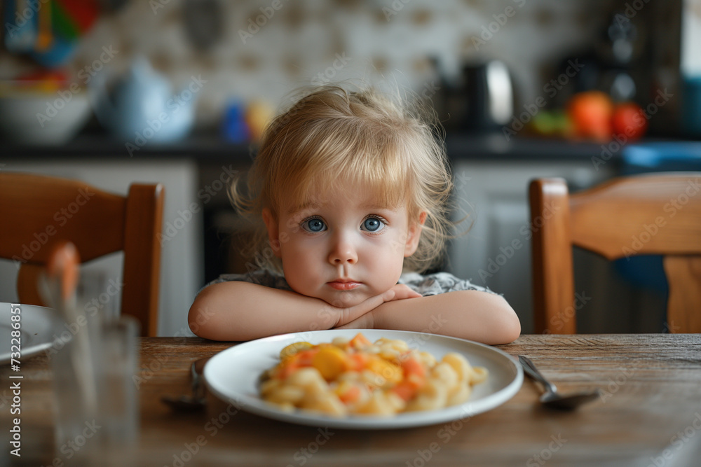 Cute little girl refusing to eat vegetables salad at table healthy eating habits concept Cute little girl refusing to eat vegetables salad at table healthy eating habits concept