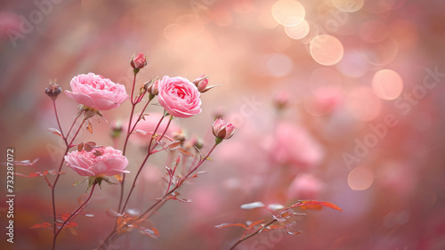 Pink bush roses bloom in the garden.