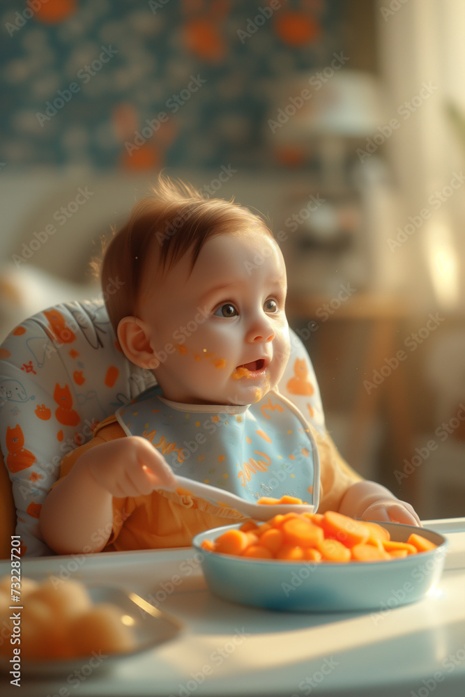 Cute Baby to eat vegetables salad at table healthy eating habits concept Cute Baby to eat vegetables salad at table healthy eating habits concept