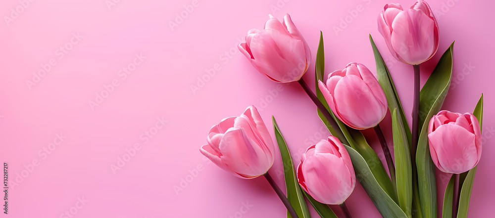 Fototapeta premium Pink tulips on a pink background with space for writing