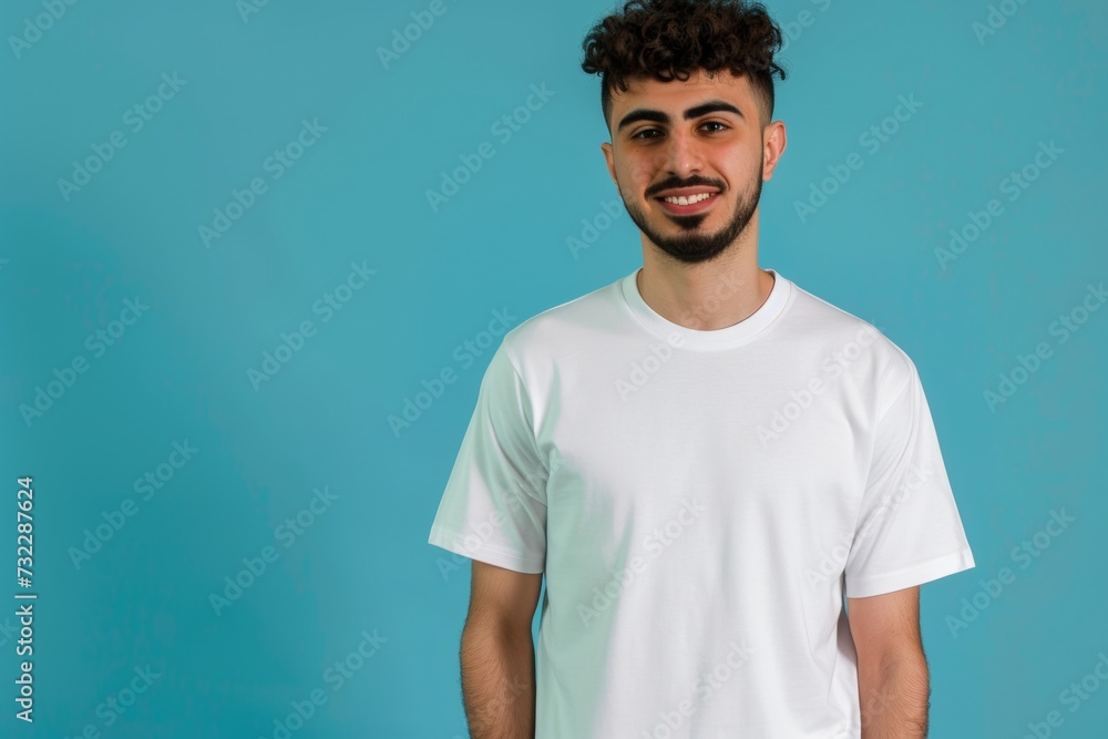 Studio shot of a young Middle Eastern man with blank white t-shirt. T-shirt mockup design Studio shot of a young Middle Eastern man with blank white t-shirt. T-shirt mockup design