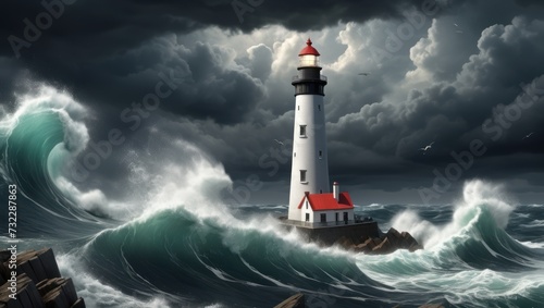 Stormy seascape crashing waves, lighthouse, dark clouds. © Eureka Design