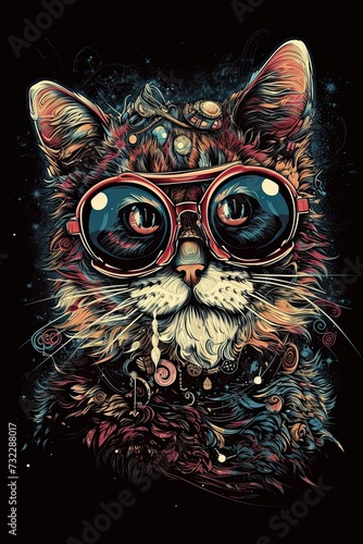 AI generated illustration of an artistic illustration of a cat with a pair of glasses photo