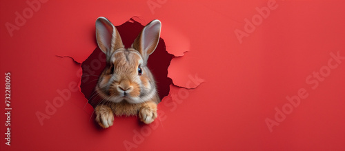 Whimsical Easter Bunny Emerges: Playful rabbit pops out of torn paper wall on vibrant red background ,generated by IA