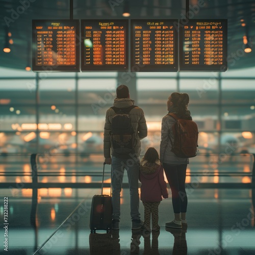 The family looks at the flight information screen or FIDS at the airport to see the schedule, aircraft type, delay information, etc. Advanced airport operational tools. Generative Ai photo