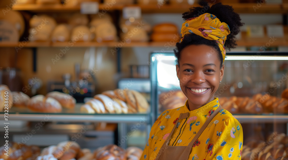portrait of smiling afro woman business owner standing in bakery store. SME entrepreneur. banner with copy space