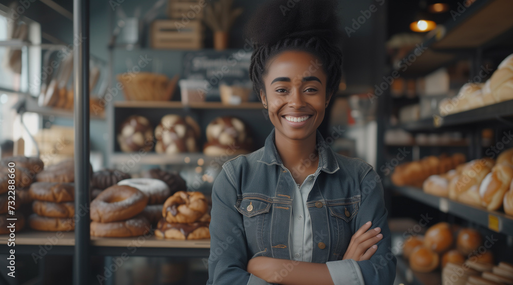 portrait of smiling afro woman business owner standing in bakery store. SME entrepreneur. banner with copy space portrait of smiling afro woman business owner standing in bakery store. SME entrepreneur. banner with copy space