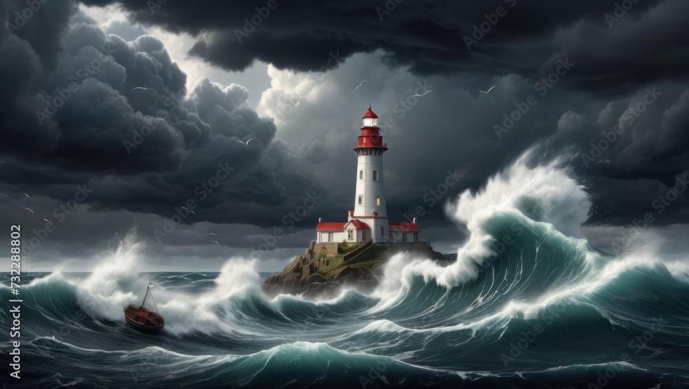 Stormy seascape crashing waves, lighthouse, dark clouds.