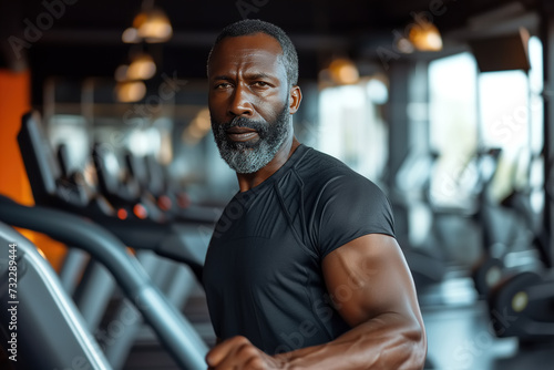 Middle-aged African-American man in a black shirt is actively training on a treadmill while looking at camera