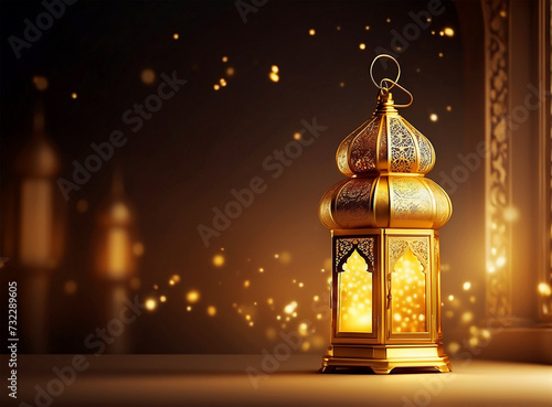 Eid mubarak realistic golden glowing lantern on golden background