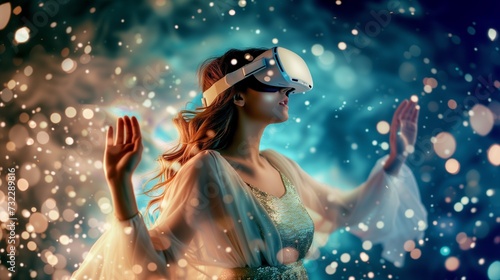 Elegant woman with flowing hair explores a digital universe, wearing a futuristic VR headset and a shimmering gown, surrounded by a mesmerizing bokeh of lights. © Maxim