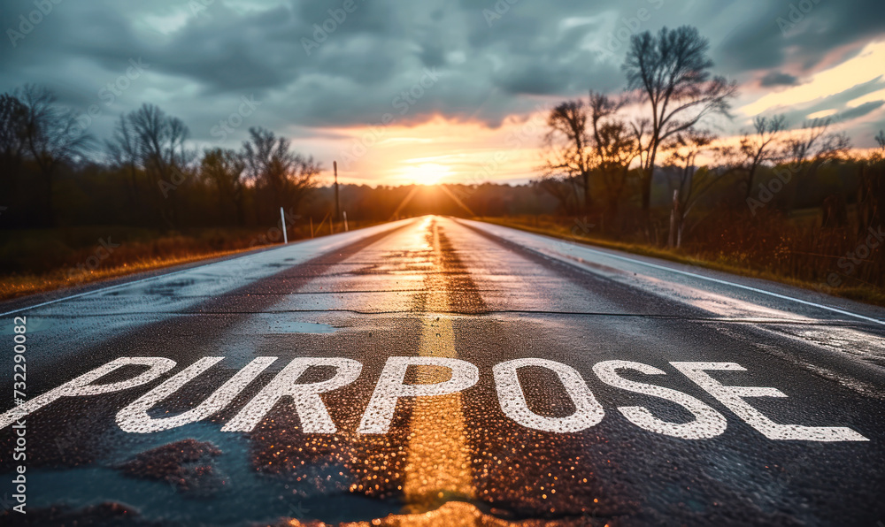 The word PURPOSE written on an open asphalt road amidst a vast landscape, invoking a sense of direction, goal setting, and journey towards a meaningful destination - obrazy, fototapety, plakaty 
