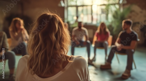 Back view of a blonde woman in a group therapy session, participating in a supportive circle with diverse individuals in a warm, comfortable room with natural light.