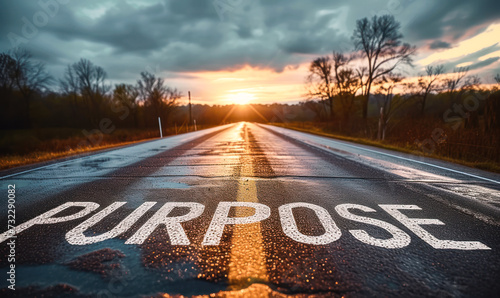The word PURPOSE written on an open asphalt road amidst a vast landscape, invoking a sense of direction, goal setting, and journey towards a meaningful destination photo