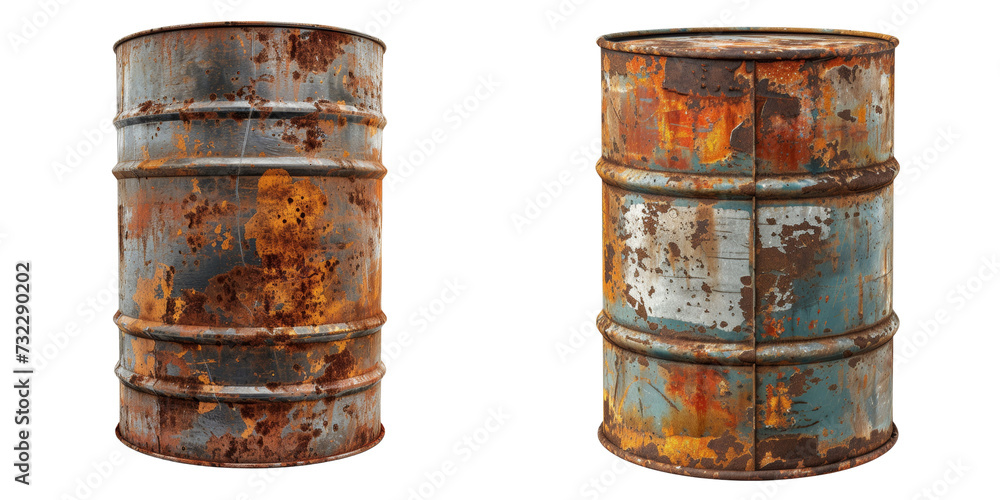 Old Rusty Steel Oil Barrel Set Isolated on Transparent or White Background, PNG Old Rusty Steel Oil Barrel Set Isolated on Transparent or White Background, PNG
