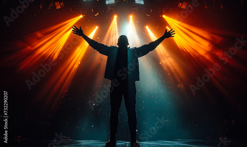 Silhouette of a Man with Arms Raised in Triumph Under Spotlight with Rays of Light, Signifying Success, Achievement, and Powerful Stage Presence