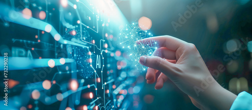 Hand holding an AI cluster of data cell particles connected together through tiny transmitter strands