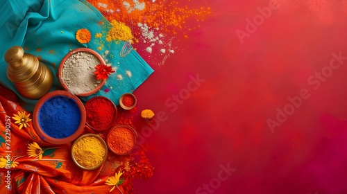 Colorful Indian festive and festival decorations and accessories. Holiday concept, Holi, New Year, Gudi Padwa, Diwali. Illustration for design, print, advertising, banner with empty space for text photo