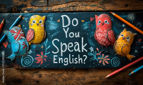 Vintage chalkboard with Do You Speak English? question, British flag, and pencils on rustic wooden backdrop, representing language learning and cultural communication photo