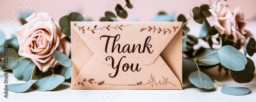 Elegant Thank You note peeking out of a brown kraft envelope adorned with eucalyptus leaves on a white background, symbolizing gratitude and appreciation photo