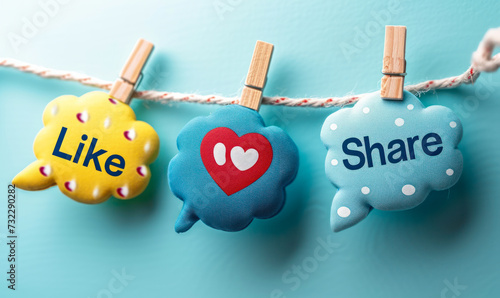 Engagement concept with Like & Share speech bubbles pinned on a string against a soft blue background, representing social media interaction and online community engagement photo