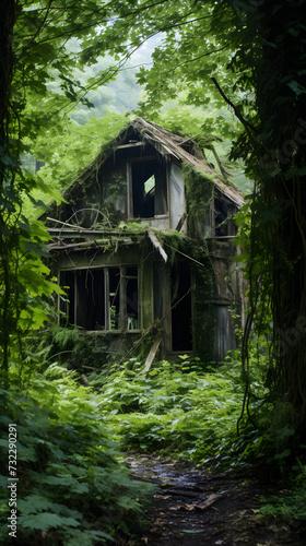 Nature's Reclaim: A Decayed Building in an Overgrown, Neglected Area with Stagnant Pond