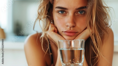 A weary blonde woman holds a glass of water, appearing tired, worried, and hungover, reflecting concerns and fatigue photo