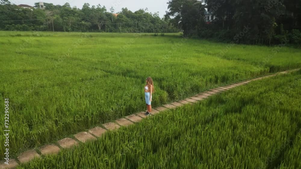 Aerial view circles woman in dress surrounded by lush rice fields. Female enjoys solitude in serene rural landscape. Stand amidst green paddies, vast agriculture, tranquility under open sky. Aerial view circles woman in dress surrounded by lush rice fields. Female enjoys solitude in serene rural landscape. Stand amidst green paddies, vast agriculture, tranquility under open sky.