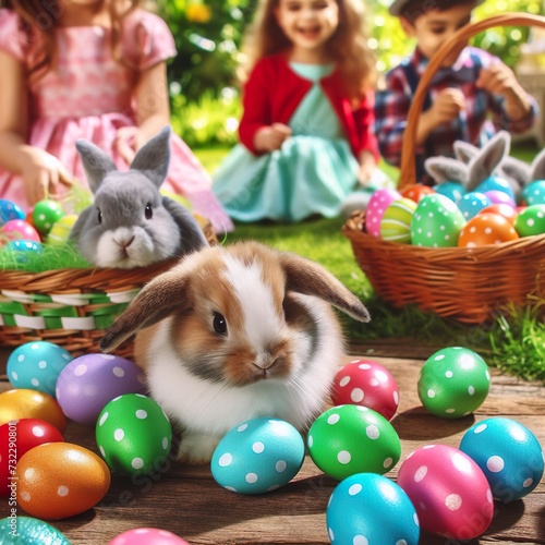 Close-up of a colorful Easter egg hunt in a lush garden with children and bunnies Exciting and festive Perfect for capturing the joy of Easter celebrations 