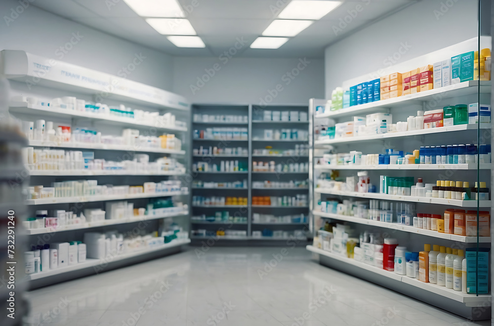 Blurry pharmacy light white tone with store drugs shelves interior background