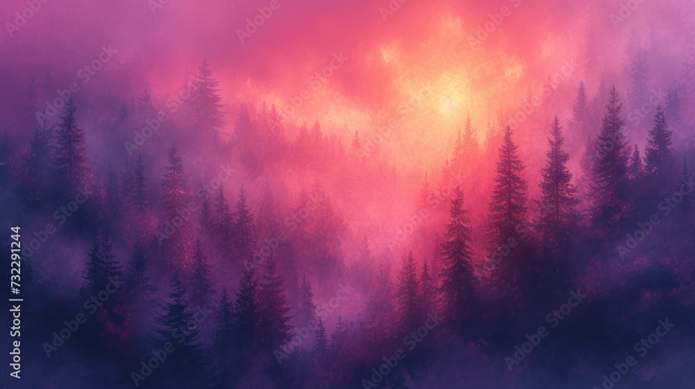  a forest filled with lots of trees covered in a pink and purple foggy sky with the sun shining through the clouds and the trees onlooking in the foreground.